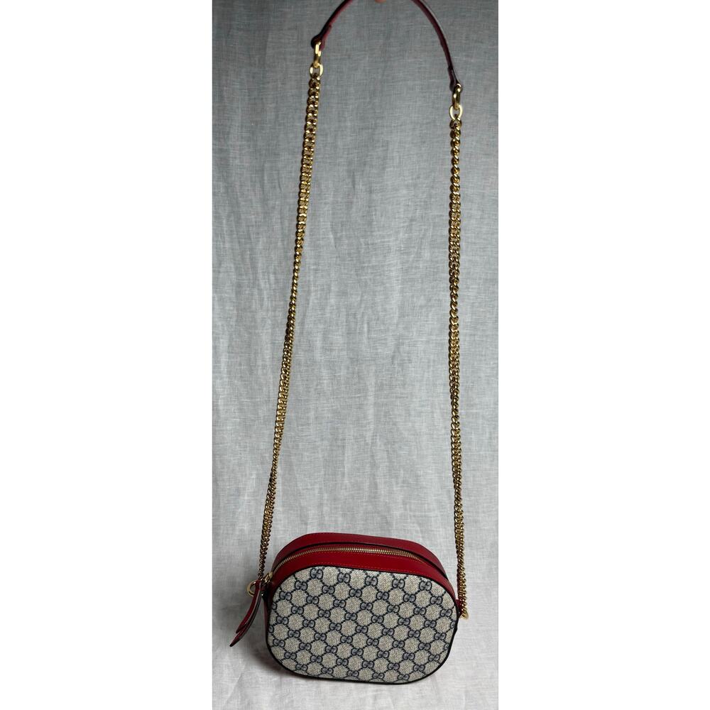 Gucci GG Supreme Mini Chain Crossbody Camera Bag - Hibiscus Red, Beige & Navy - Picture 2 of 15